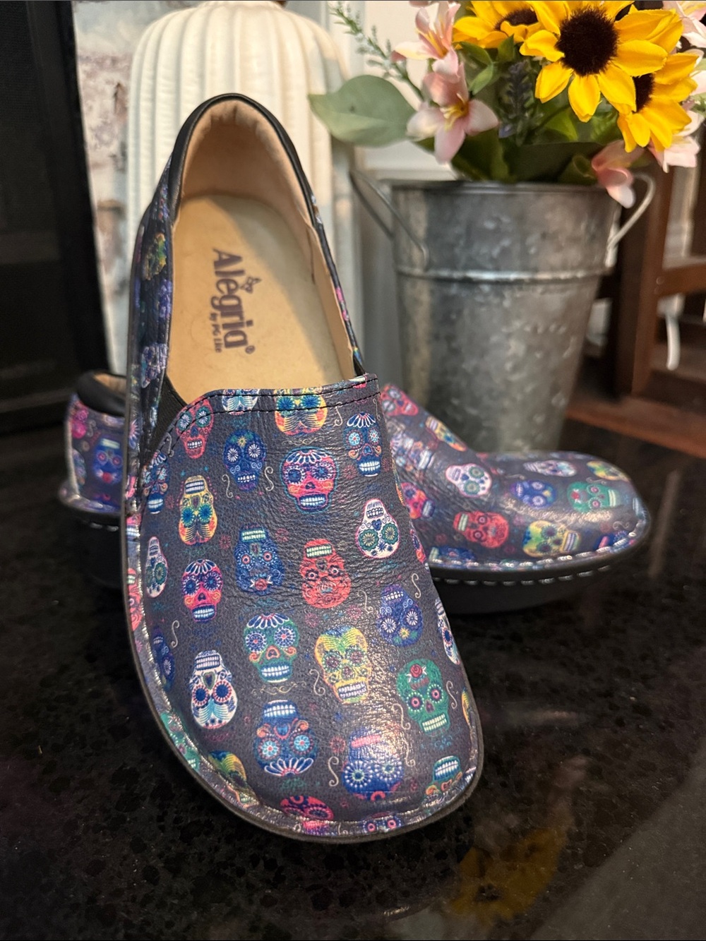 Alegria Navy Slip-On Clogs with Multicolor Sugar Skulls